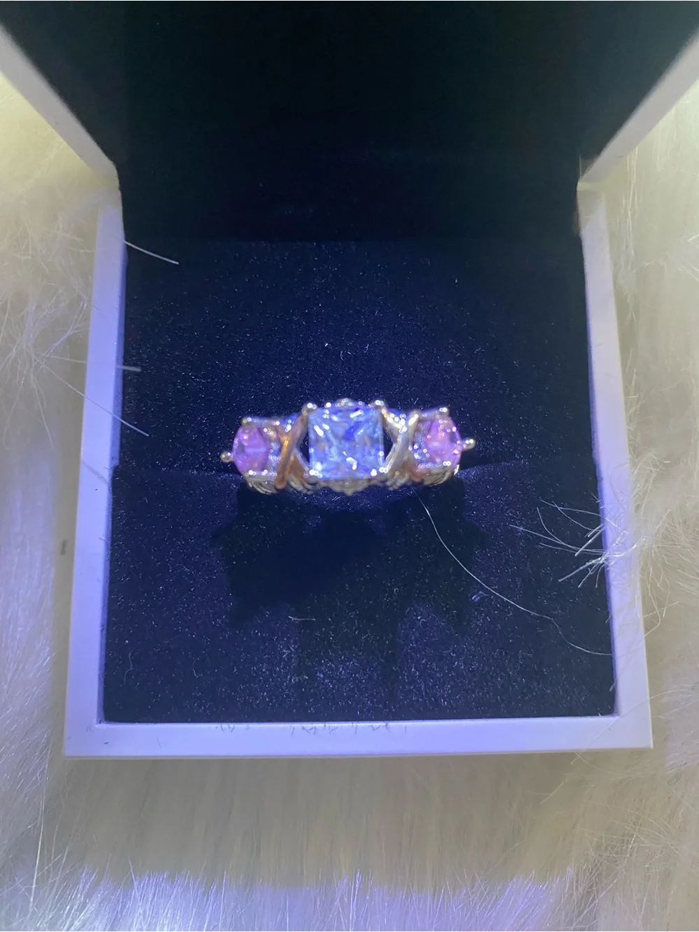 Three-Stone Pink and Clear Gemstone Ring in Gold Tone - Women Jewelry